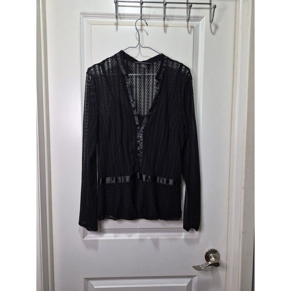 INC International Concepts Black Lace Sheer Button Front Blouse Satin Trim L